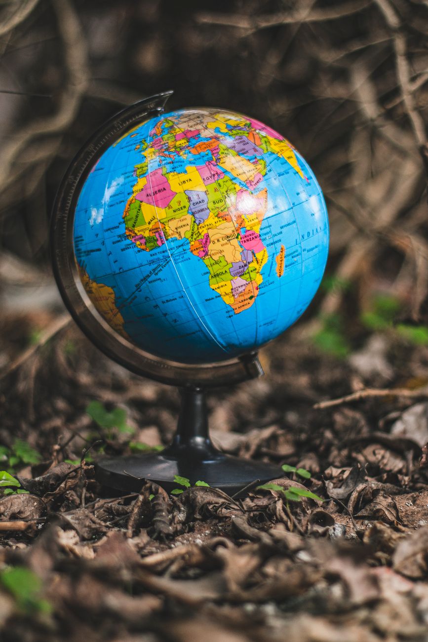 desk globe on brown dried leaves